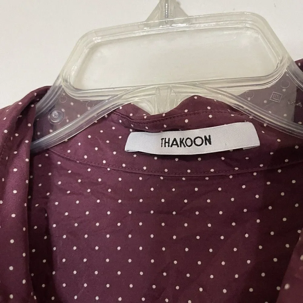 THAKOON maroon red dotted silk button down shirt dress size large